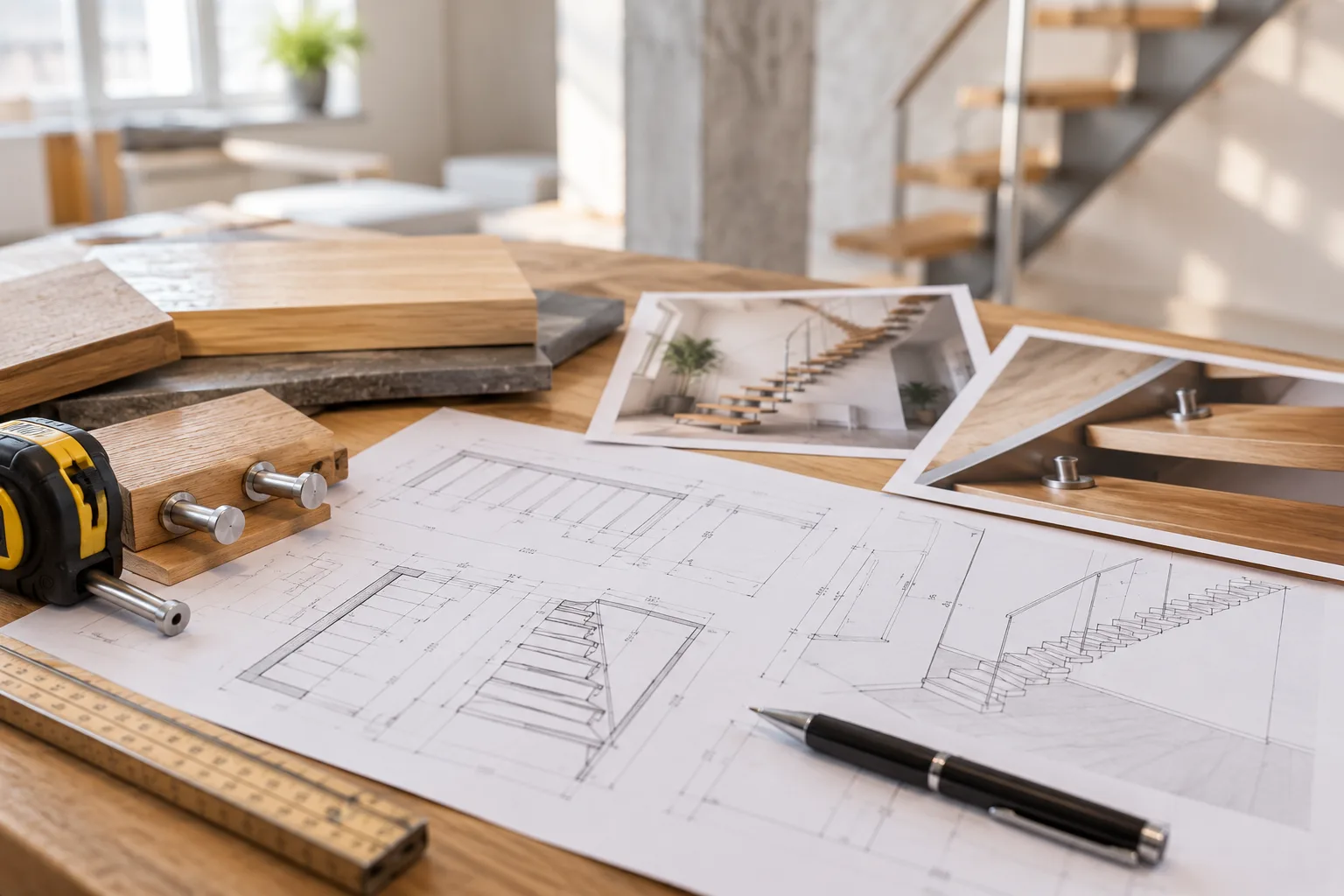 Treppenplanung mit Zeichnungen, Maßwerkzeugen und Holzmustern auf einem Arbeitstisch