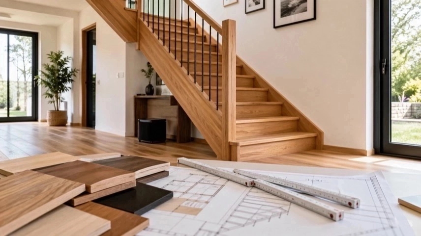 Maßgefertigte Holztreppe mit Holzmustern und Zollstock in modernem Wohnraum