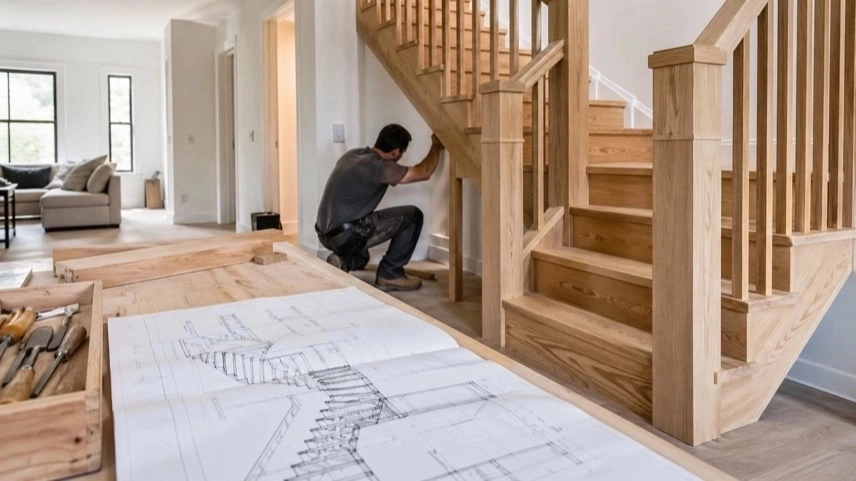 Neu montierte Holztreppe mit Geländer, Bauplan und Handwerker bei der Abnahme einer Treppe aus Polen