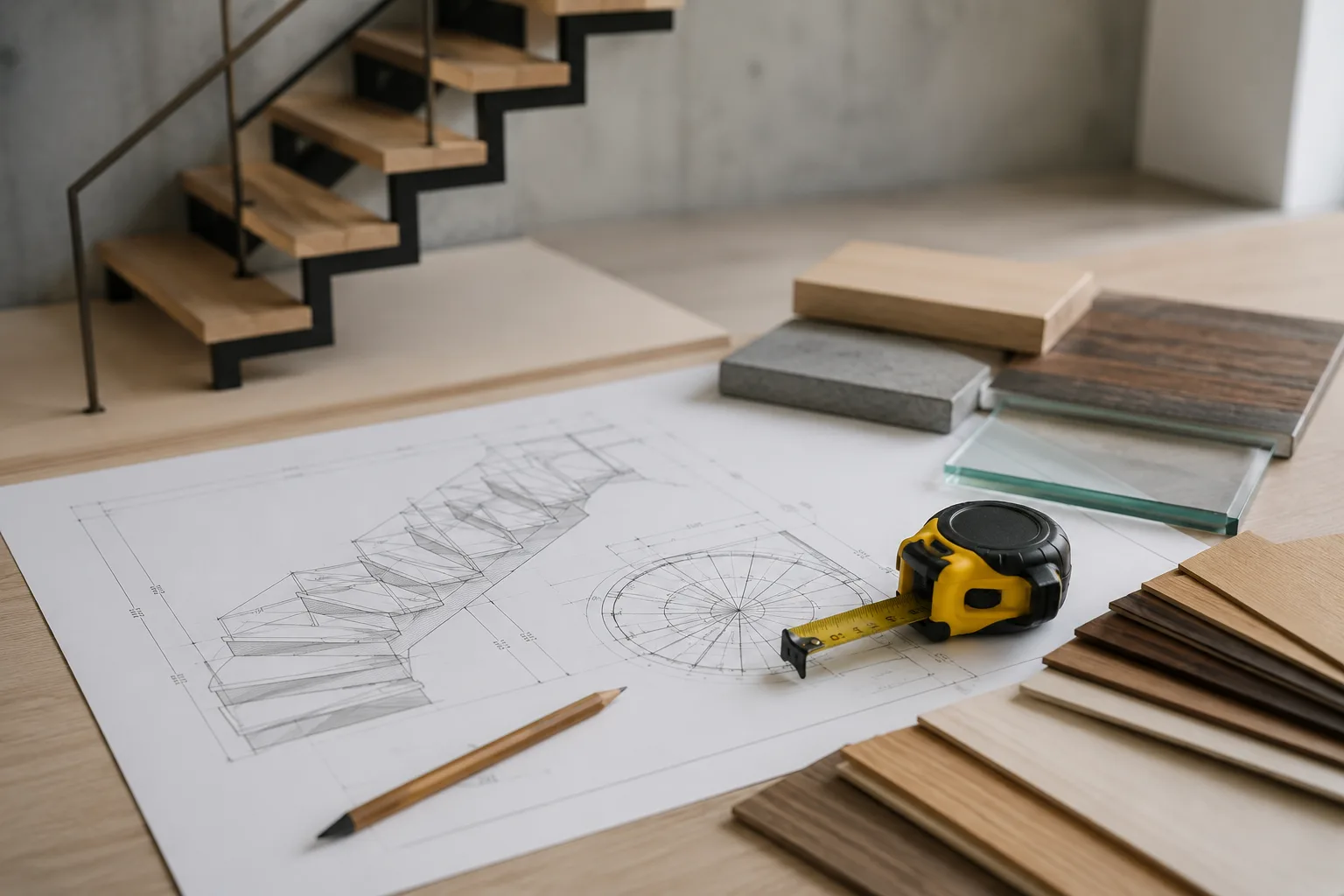 Bauplan einer Treppe mit Maßband, Bleistift und Materialmustern auf einem Arbeitstisch.