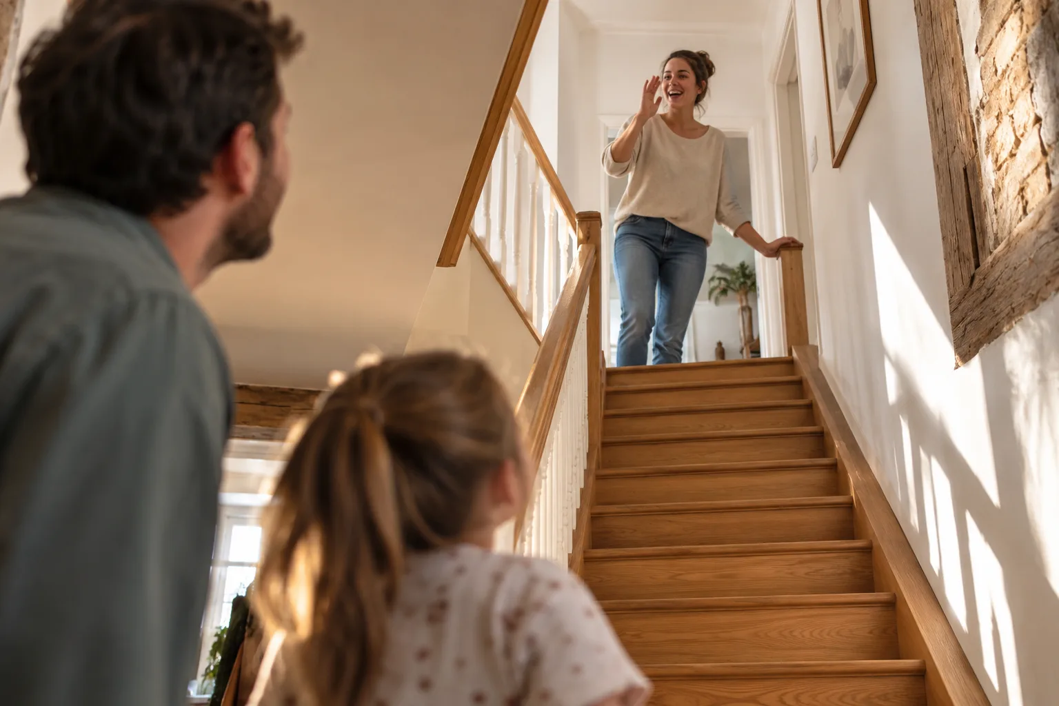 Bewohnerin steht oben auf einer Wangentreppe im Altbau und ruft lächelnd zu ihrer Familie hinunter.