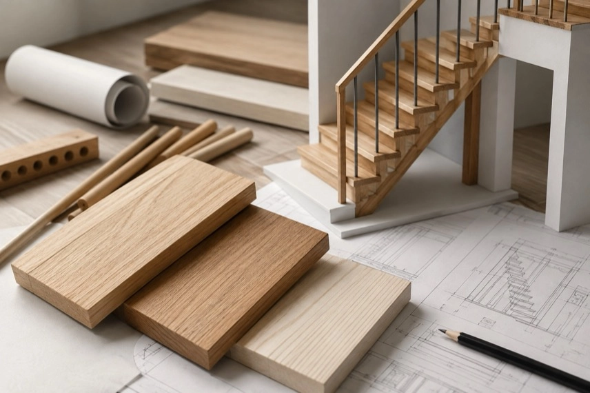 Holzproben und Treppenmodell als Symbol für die Planung einer Holztreppe aus Polen.